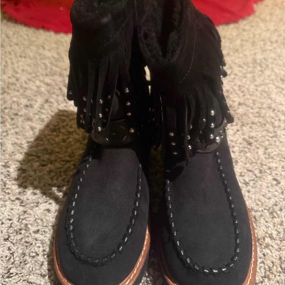 COACH Suede and Leather Black Fringe Ankle Boots with Studs Brand New no tags